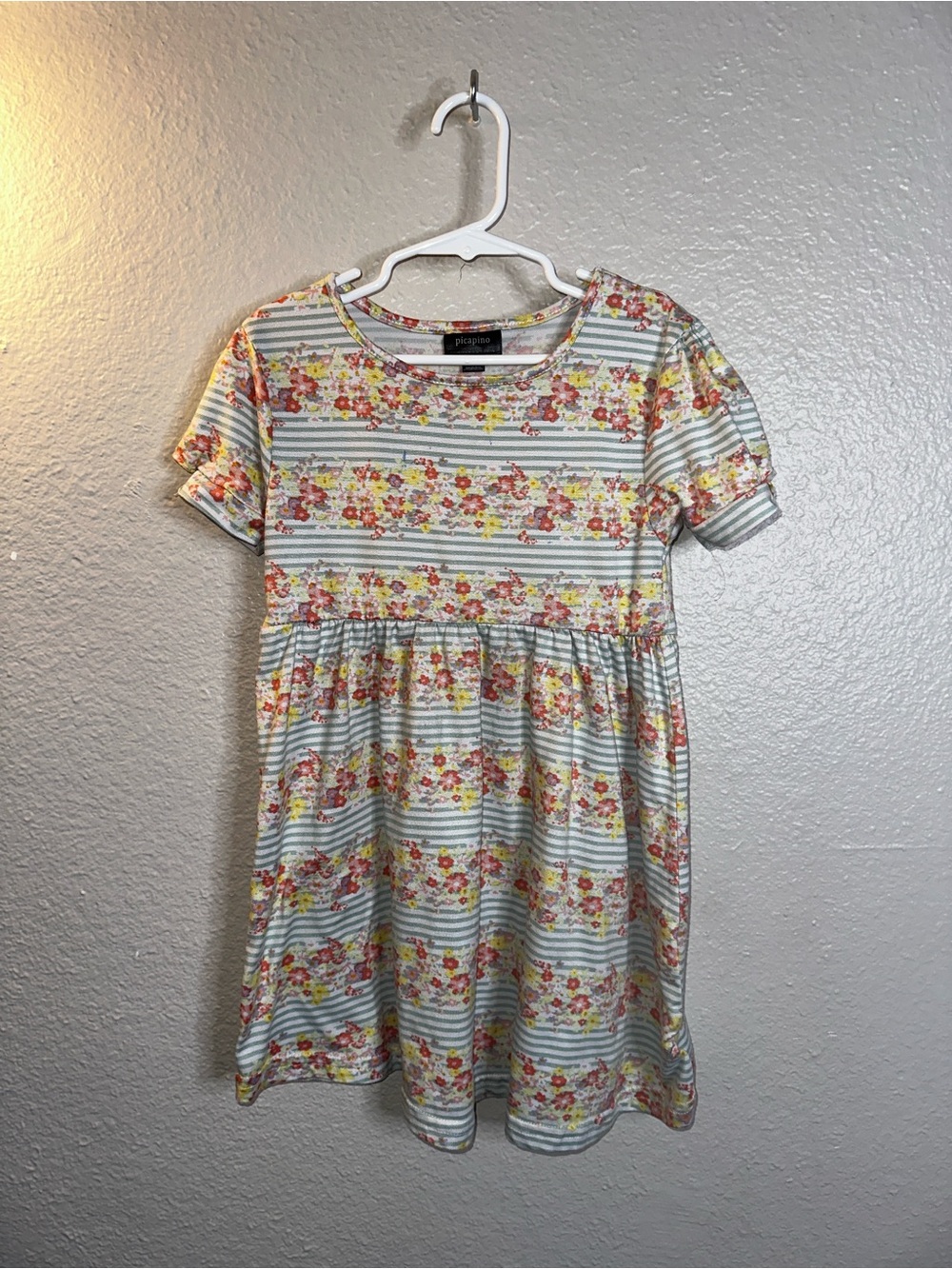Girls Picapino Floral Stripe Short Sleeve Dress in Yellow and Pink Size 7